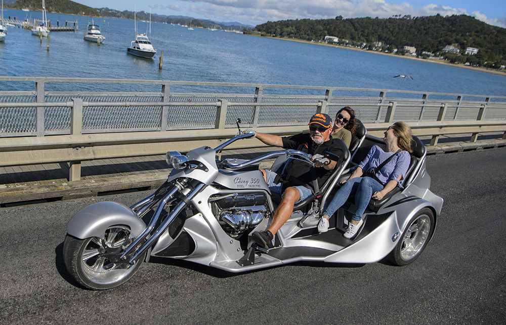 Thunder Trike Tours motorcycle trips and Motorcycle Adventures. Cruise around the idyllic Bay of Islands on a custom Kiwi built V8 Chev Trike!